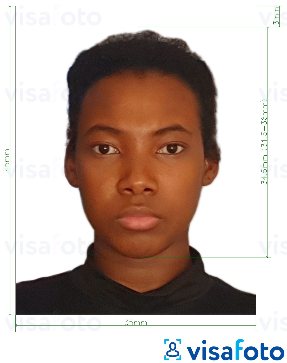 Παράδειγμα φωτογραφίας για Λαϊκή Δημοκρατία του Κονγκό διαβατήριο 35x45 mm (3,5x4,5 cm) με ακριβείς προδιαγραφές μεγέθους
