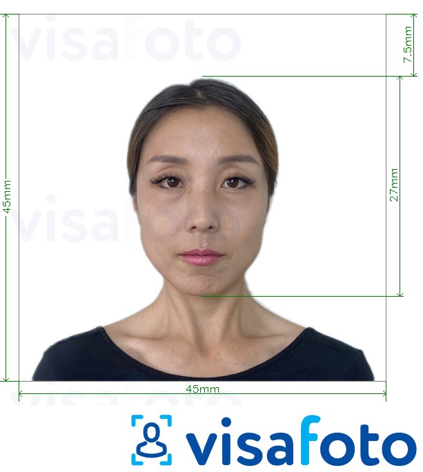 Παράδειγμα φωτογραφίας για Ιαπωνία Visa 45x45mm, κεφαλή 27 mm με ακριβείς προδιαγραφές μεγέθους