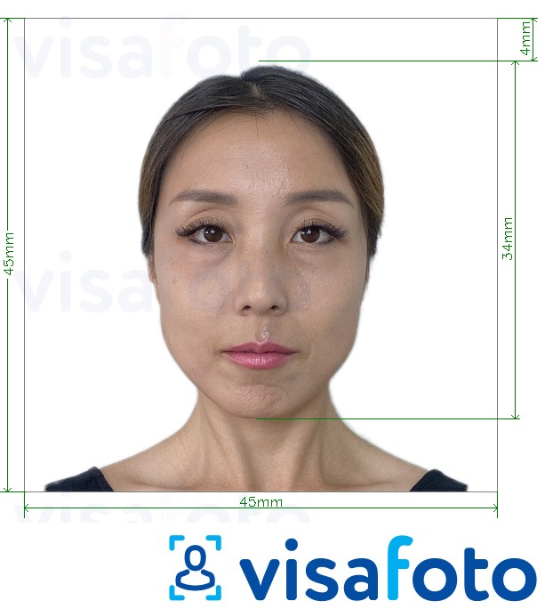 Παράδειγμα φωτογραφίας για Ιαπωνία Visa 45x45mm, κεφάλι 34 mm με ακριβείς προδιαγραφές μεγέθους
