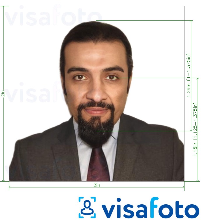 Παράδειγμα φωτογραφίας για Κουβέιτ visa 51x51 mm (5x5 cm, 2x2 ίντσες) με ακριβείς προδιαγραφές μεγέθους