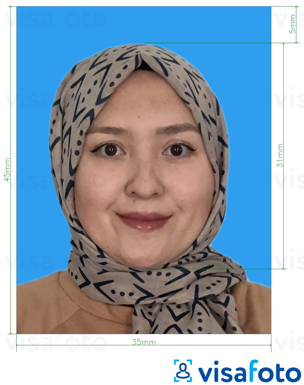 Παράδειγμα φωτογραφίας για Μαλαισία Visa 35x45 mm μπλε φόντο με ακριβείς προδιαγραφές μεγέθους