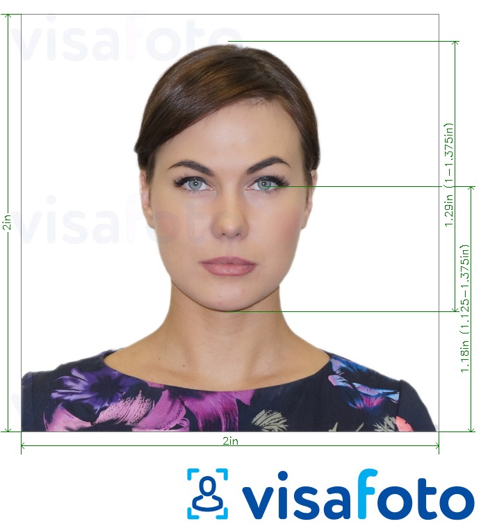 Παράδειγμα φωτογραφίας για ΗΠΑ Visa 2x2 ιντσών (600x600 px, 51x51 mm) με ακριβείς προδιαγραφές μεγέθους