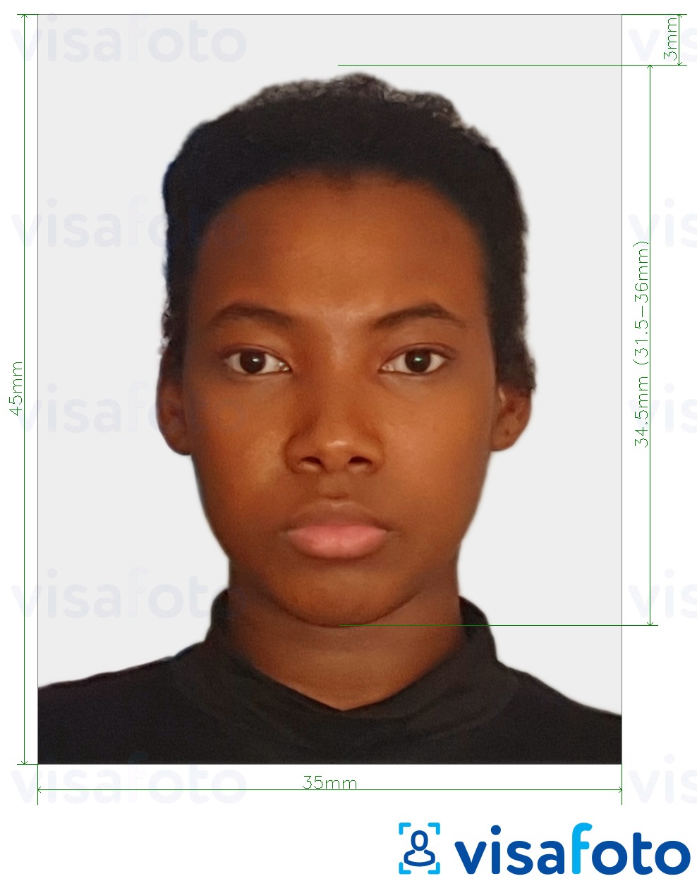 Παράδειγμα φωτογραφίας για Νότια Αφρική Visa 35x45 mm (3,5x4,5 cm) με ακριβείς προδιαγραφές μεγέθους