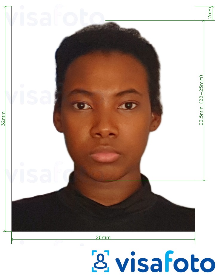 Παράδειγμα φωτογραφίας για Διαβατήριο Γουιάνα 32x26 mm (1,26x1,02 ίντσες) με ακριβείς προδιαγραφές μεγέθους