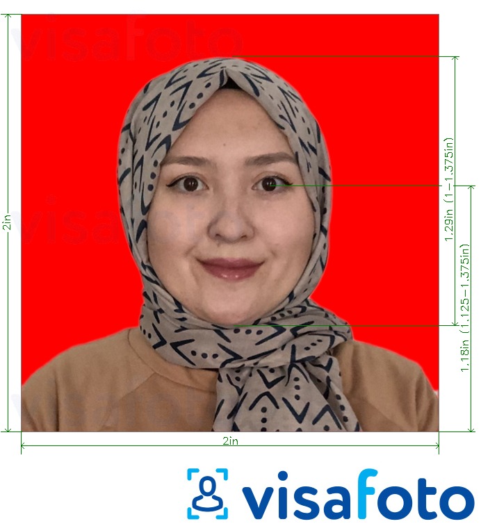 Παράδειγμα φωτογραφίας για Ινδονησία διαβατήριο 51x51 mm (2x2 ίντσες) κόκκινο φόντο με ακριβείς προδιαγραφές μεγέθους