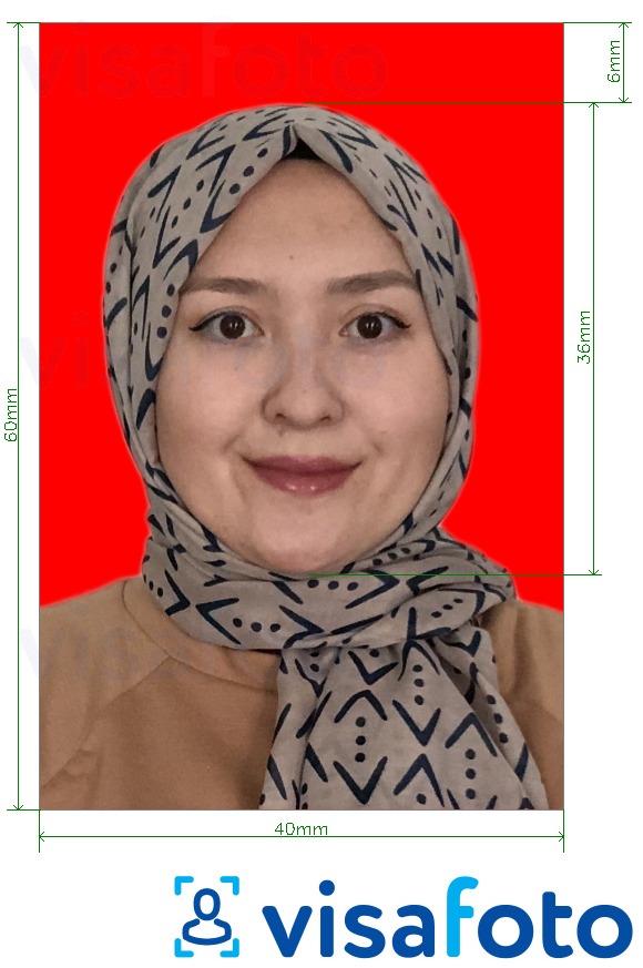 Παράδειγμα φωτογραφίας για Ινδονησία Visa 4x6 cm κόκκινο φόντο με ακριβείς προδιαγραφές μεγέθους