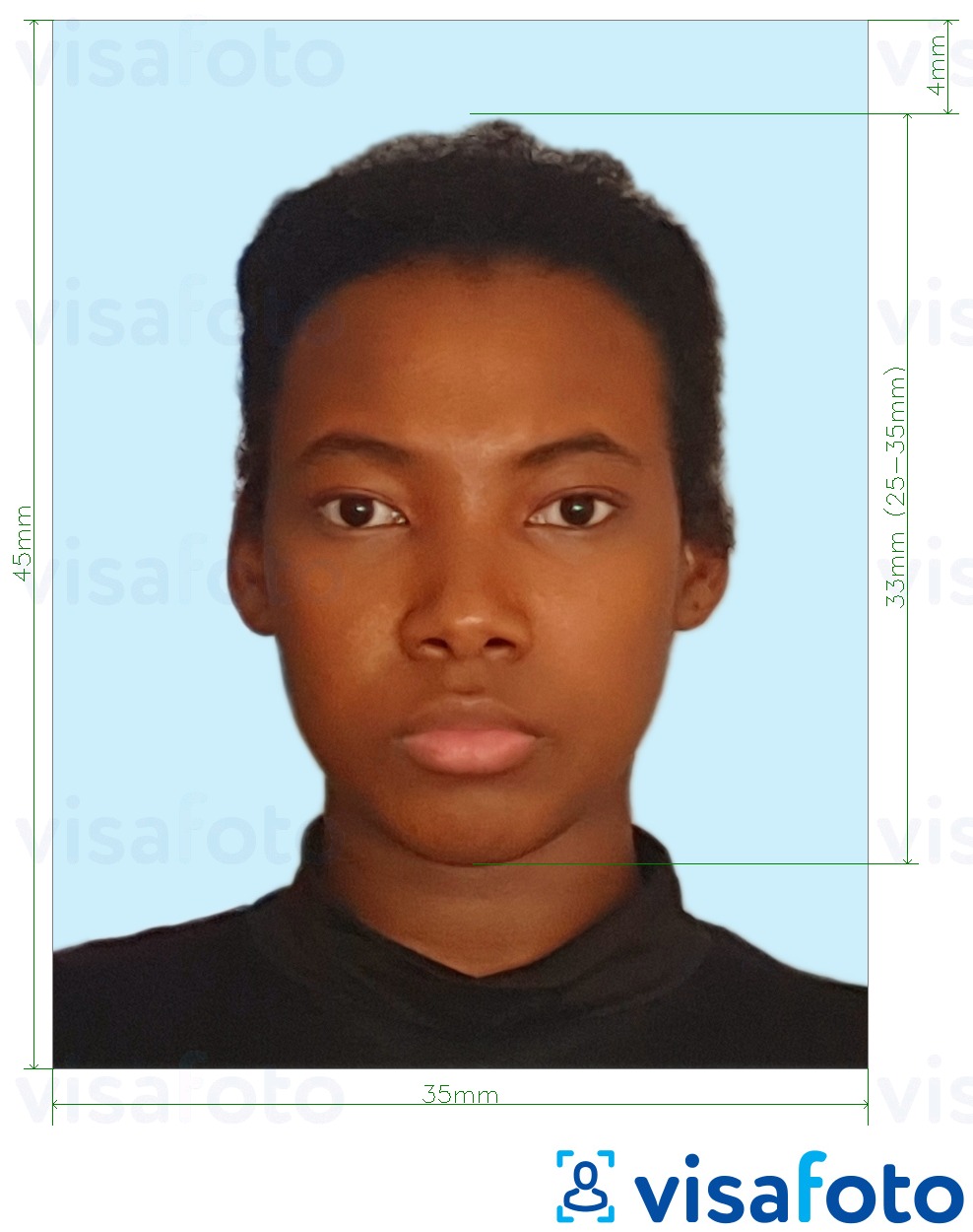 Παράδειγμα φωτογραφίας για Τζαμάικα διαβατήριο 35x45 mm ανοιχτό μπλε φόντο με ακριβείς προδιαγραφές μεγέθους