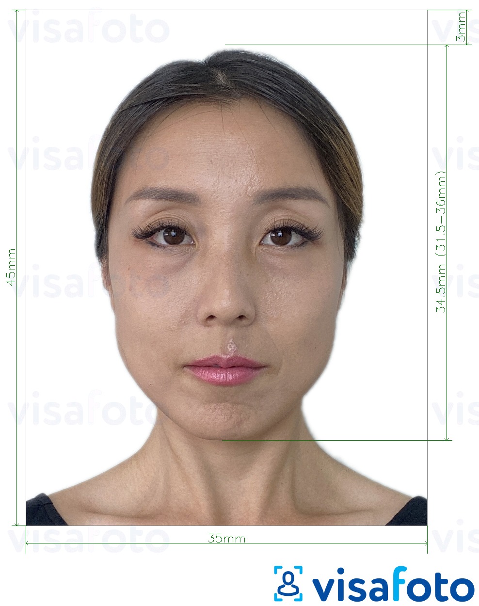 Παράδειγμα φωτογραφίας για Κάρτα εγγραφής Νότιας Κορέας 35x45 mm με ακριβείς προδιαγραφές μεγέθους