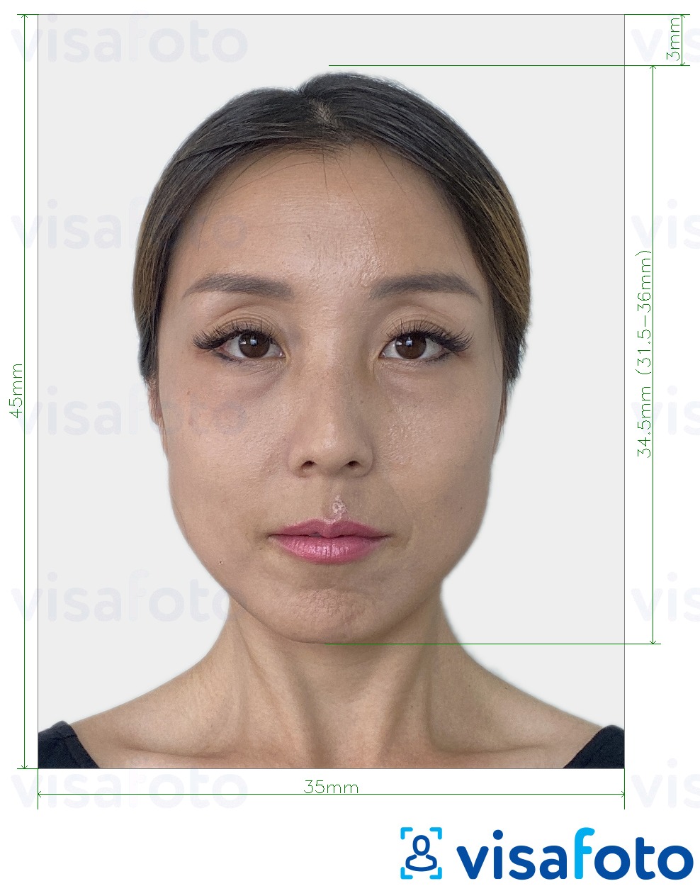 Παράδειγμα φωτογραφίας για Νότια Κορέα Visa 35x45 mm (3,5x4,5 cm) με ακριβείς προδιαγραφές μεγέθους