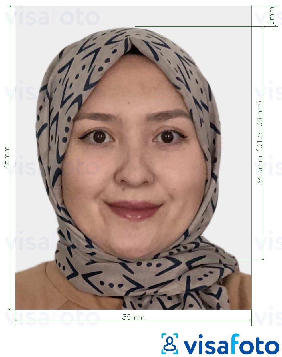 Παράδειγμα φωτογραφίας για Καζακστάν Visa 35x45 mm (3,5x4,5 cm) με ακριβείς προδιαγραφές μεγέθους