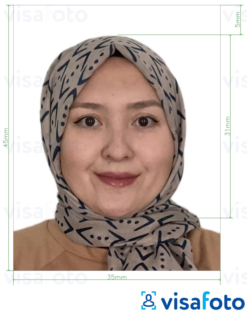 Παράδειγμα φωτογραφίας για Μαλαισία Visa 35x45 mm λευκό φόντο με ακριβείς προδιαγραφές μεγέθους