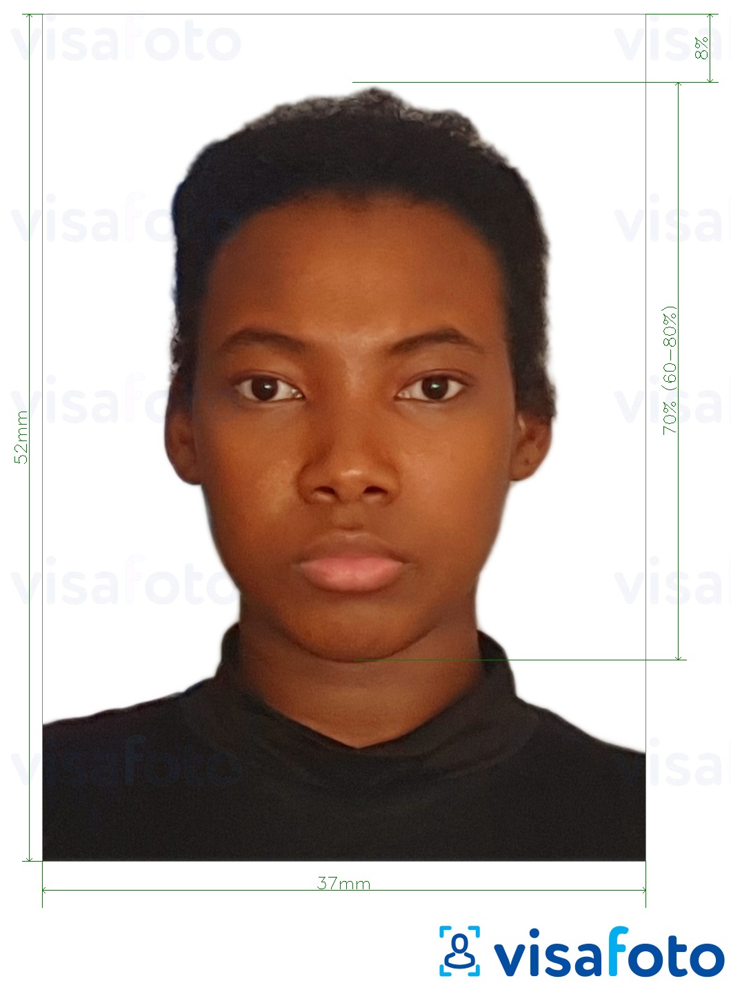 Παράδειγμα φωτογραφίας για Διαβατήριο Ναμίμπια 37x52mm (3.7x5.2 cm) με ακριβείς προδιαγραφές μεγέθους